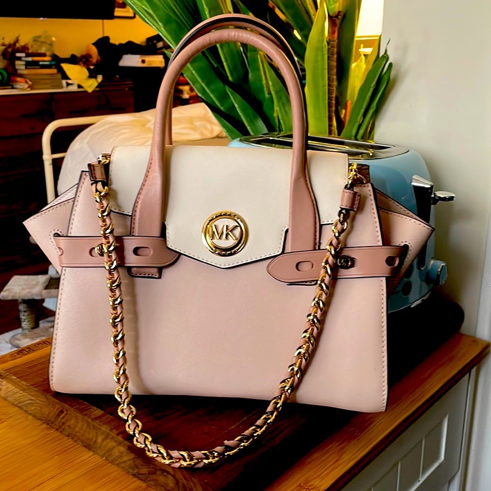 Michael Kors “Carmen” Saffiano Leather Belted Satchel, Soft Pink